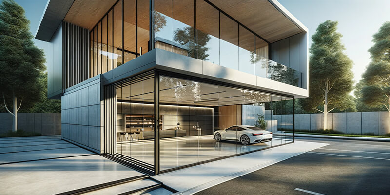 Modern home featuring a full-view glass garage door with a sleek aluminum frame, embodying 2023's contemporary home design trends