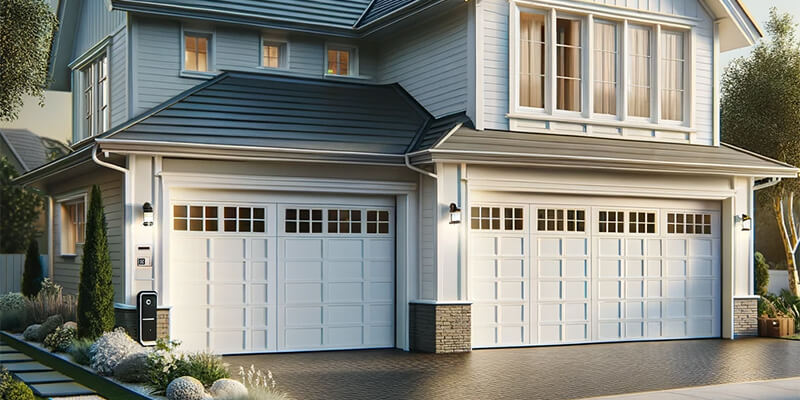 Hyper-realistic image of a modern suburban home with a double garage door in white, showcasing high-quality materials and smart technology features, highlighting luxury and energy efficiency