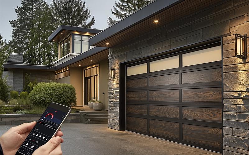 Modern Carrollton home featuring a high-tech garage door with smart home integration, enhanced security features, and energy-efficient design.