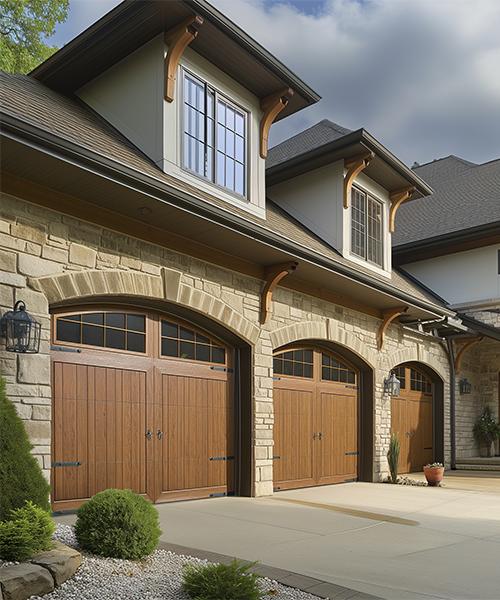 Three types of garage doors (wood, steel, aluminum) on Carrollton homes, showcasing classic, modern, and avant-garde designs under local weather conditions.
