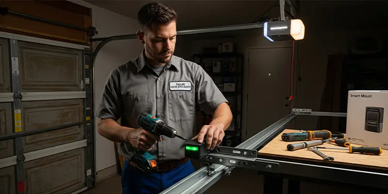 Technician installing a smart wall-mount opener and safety sensors on a Dallas garage door