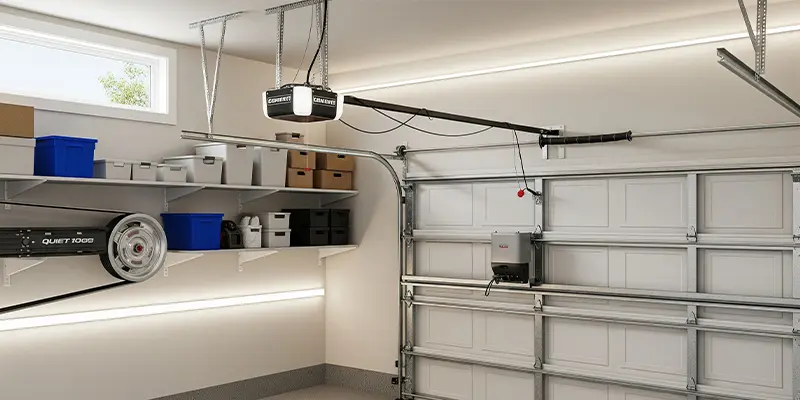 Dallas garage showing a wall-mount jackshaft opener compared with a ceiling-mount opener