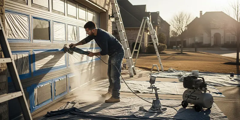 Painter sanding and masking a Dallas steel garage door before spraying primer and finish coat