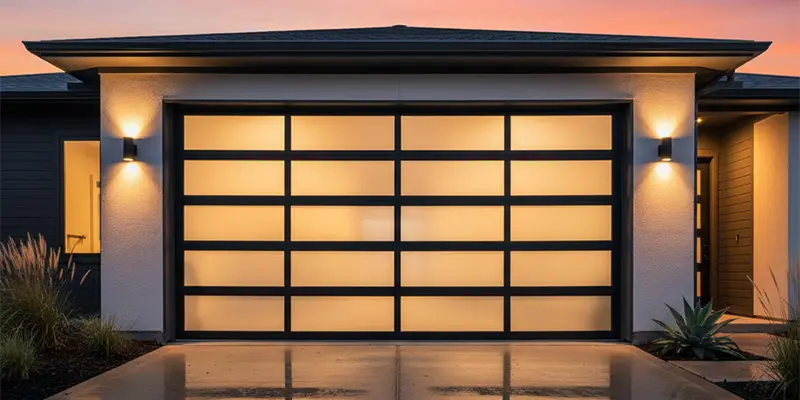 Dallas home with a full-view aluminum and glass garage door featuring frosted privacy panes