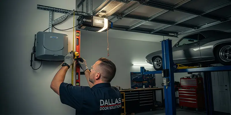 Technician installing a high-lift garage door track with a wall-mount opener in a Dallas garage