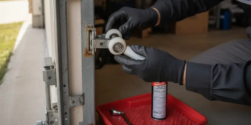 Technician installing nylon ball-bearing rollers on a Dallas garage door to reduce noise