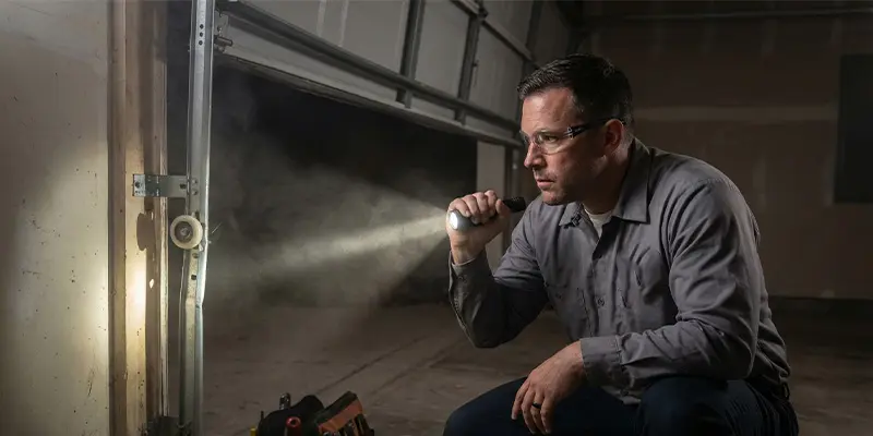 Technician inspecting a garage door roller that has come off the track in a Dallas garage