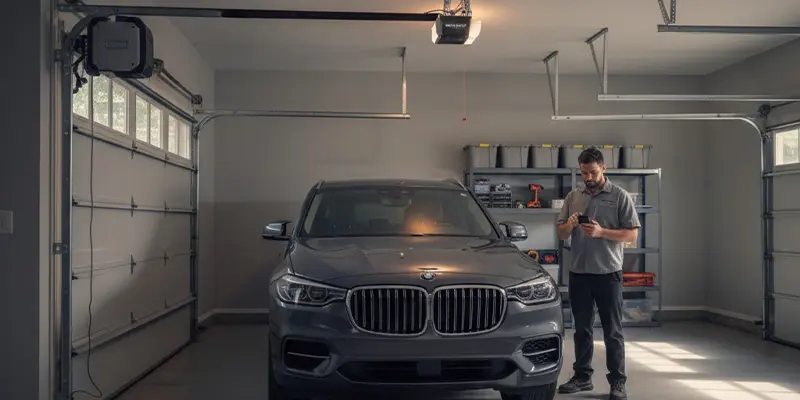 Wall-mount jackshaft garage door opener installed beside a torsion tube in a Dallas garage