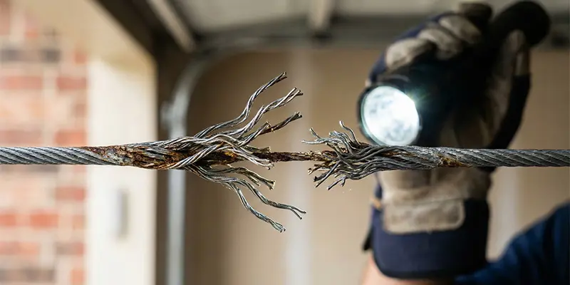 Close-up of a frayed and rusting garage door cable needing repair in a Dallas home