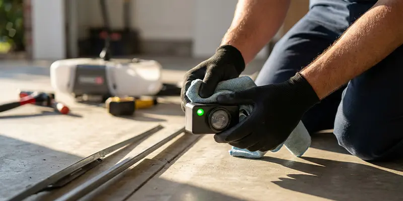 Technician aligning a garage door safety sensor to fix a blinking LED light